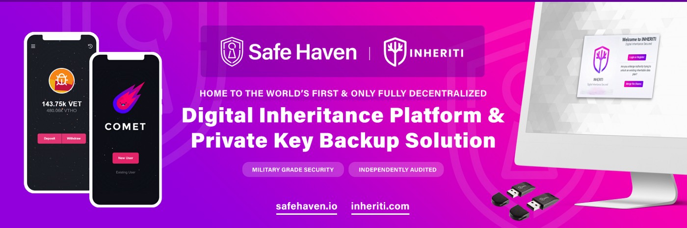 Image showcasing Inheriti as the only fully decentralized — and totally secure - digital inheritance and private key backup solution in the world.